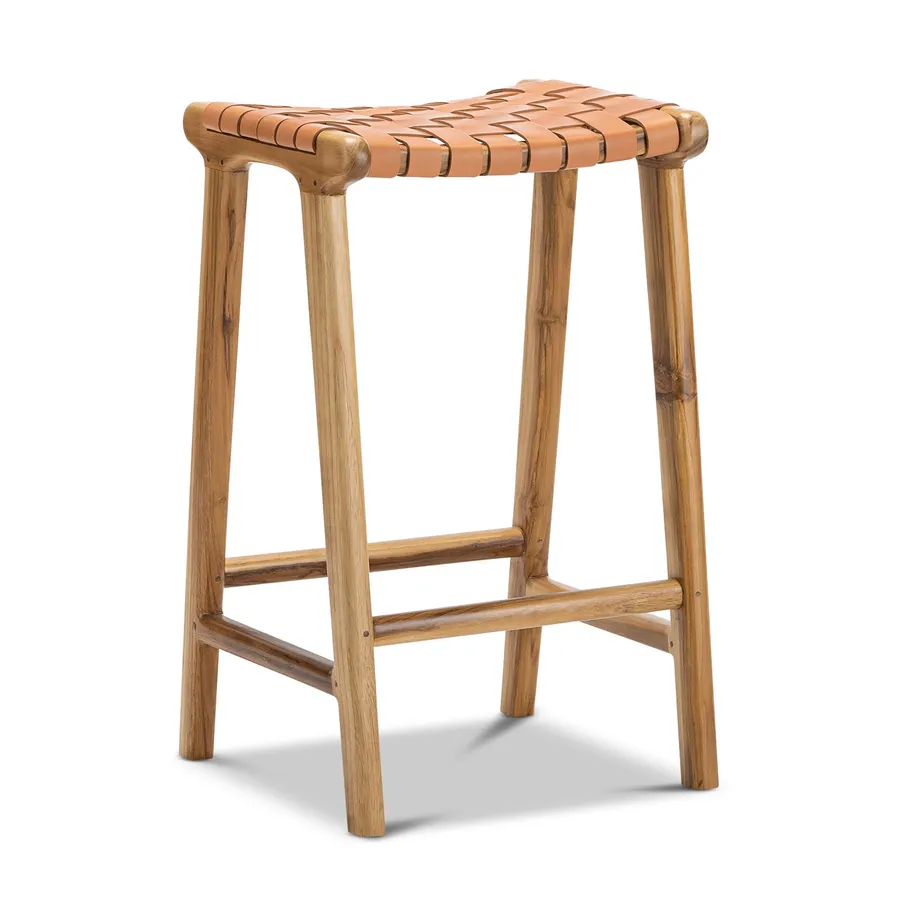 Lazie 66cm Leather Strapping Bar Stool, Teak & Natural Tan