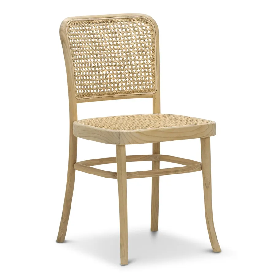 Prague Set of 2 Solid Teak Bentwood Cane Dining Side Chair, Natural
