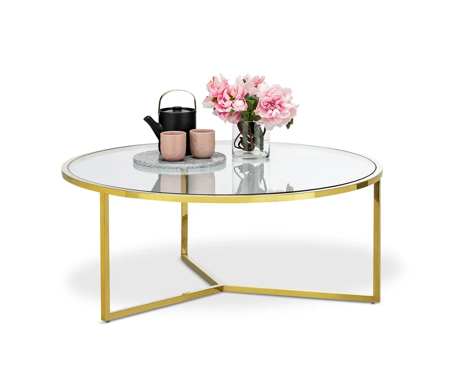 Bianka Round Glass Coffee Table, Polished Gold