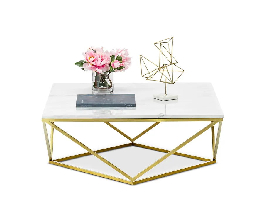Vivianne Marble Square Geo Coffee Table, White & Brushed Gold