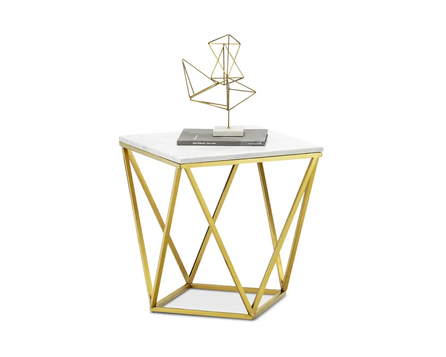 Vivianne Marble Geo Side Table, White & Brushed Gold