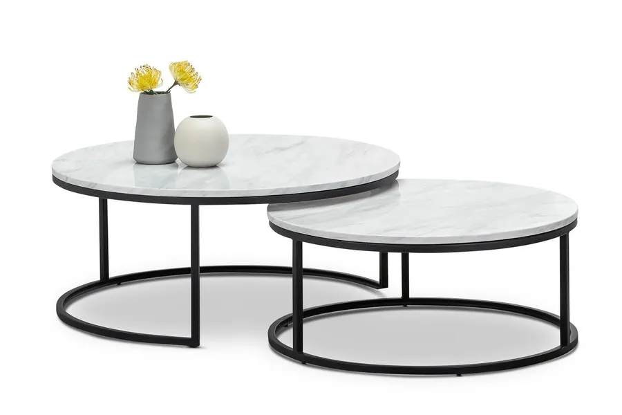 Khloe White Marble Round Nest of Coffee Table, Black