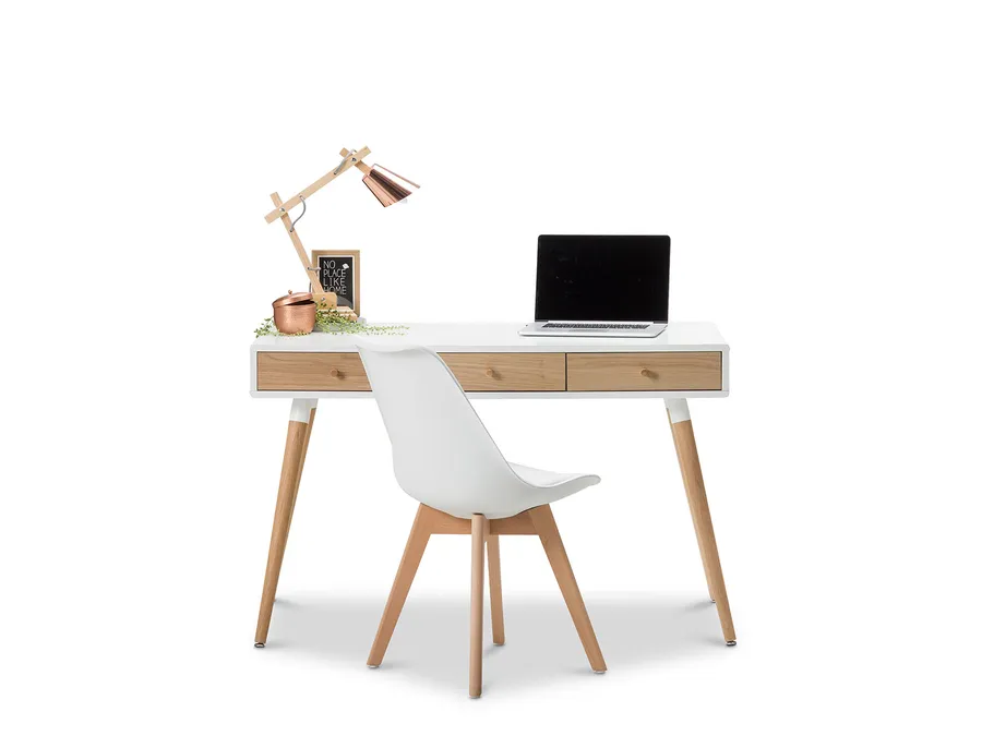 Einar 3 Drawer Office Writing Desk, White & Oak