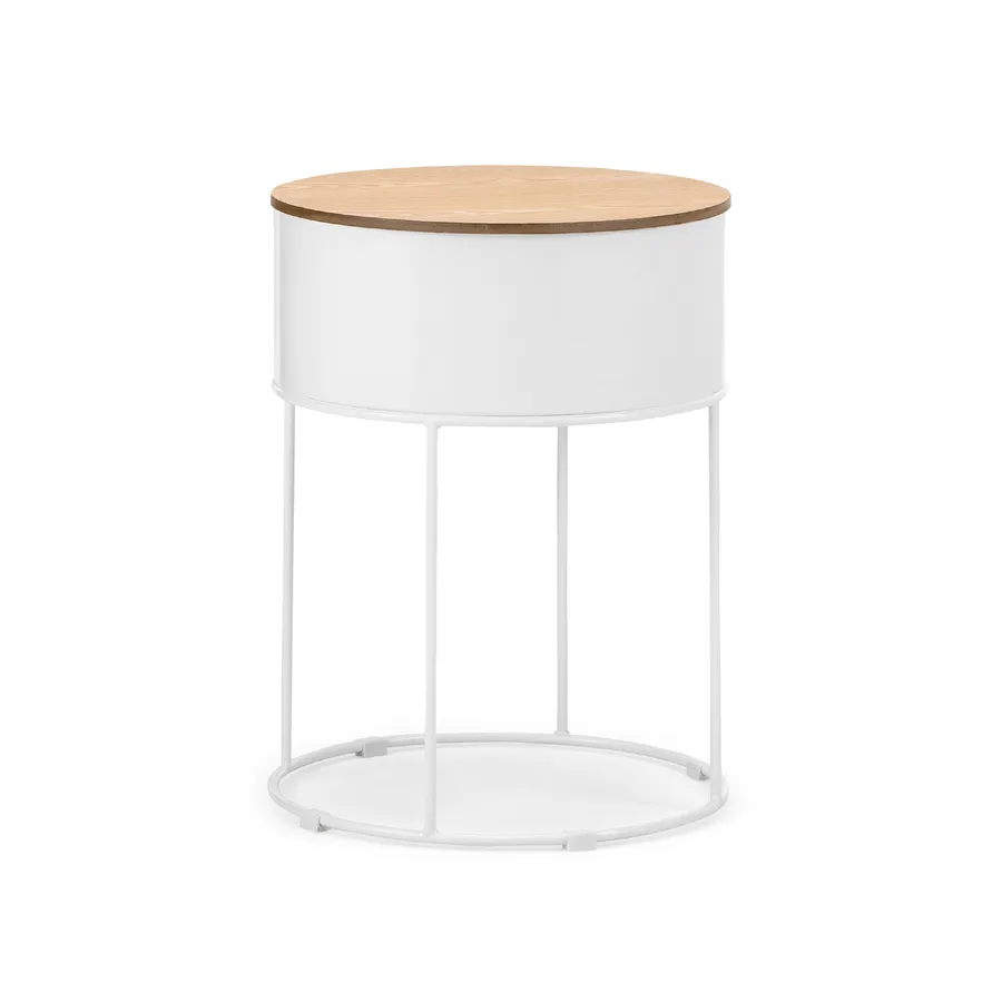 Nyah Round Storage Side Table, White & Natural