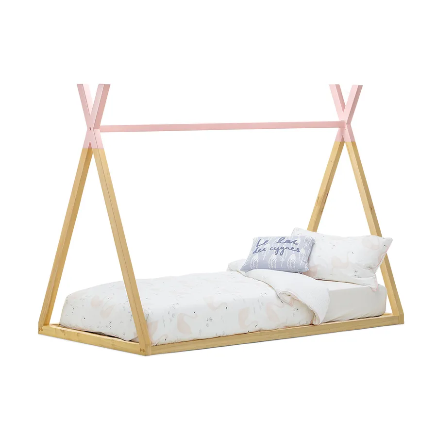 Teepee Kids Single Bed Frame, Pink & Natural Timber