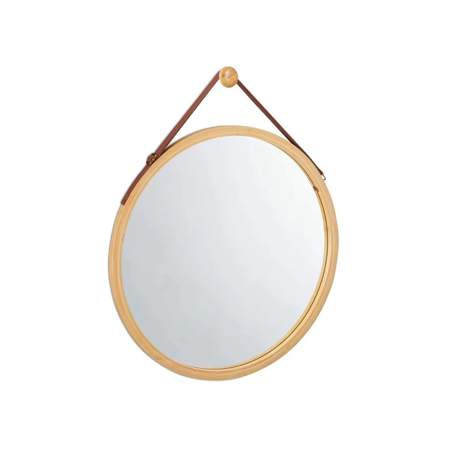Round Bamboo Frame and Leather Strap Wall Mirror 38cm / 45cm 38cm