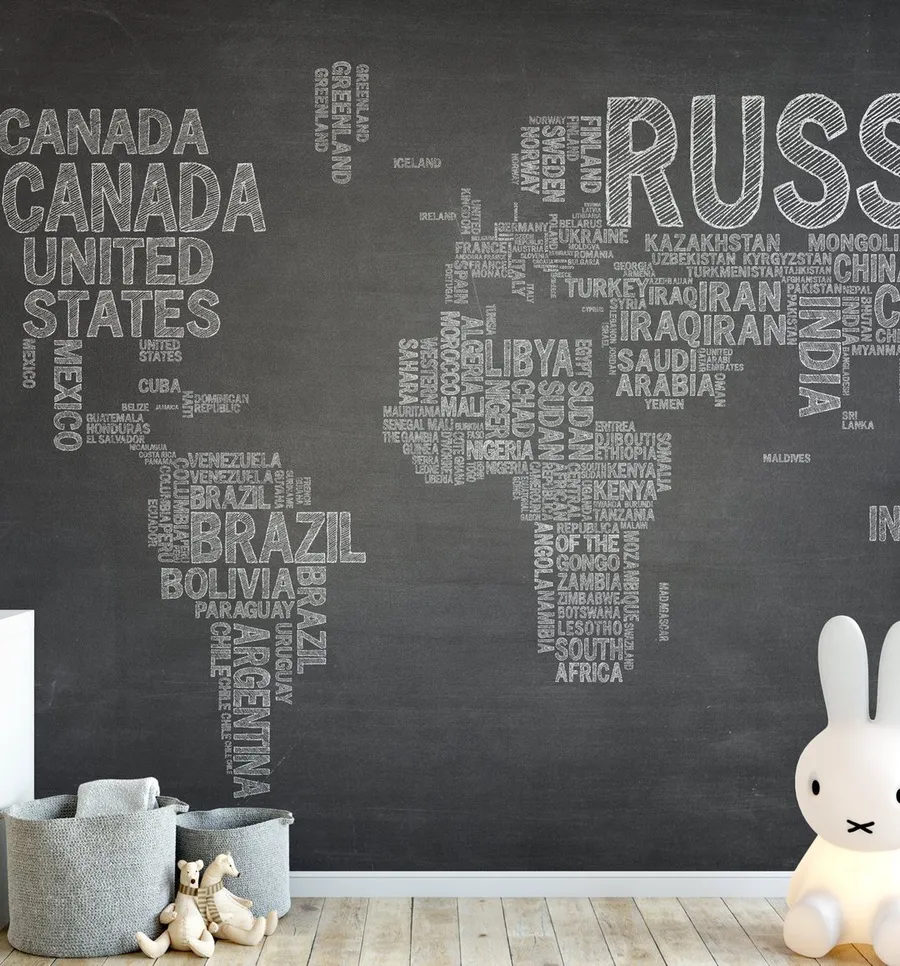 Country Names Map in Chalk Wallpaper Mural