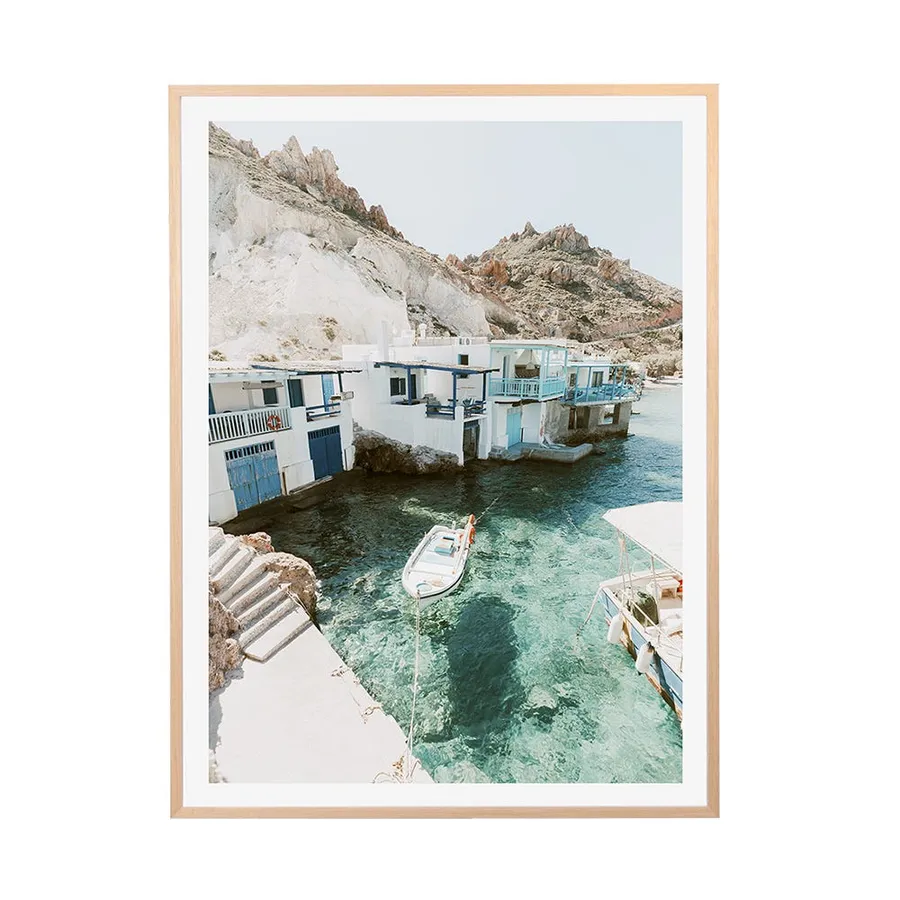 Milos Boat View Natural Veneer Framed Print - 85cm x 114cm