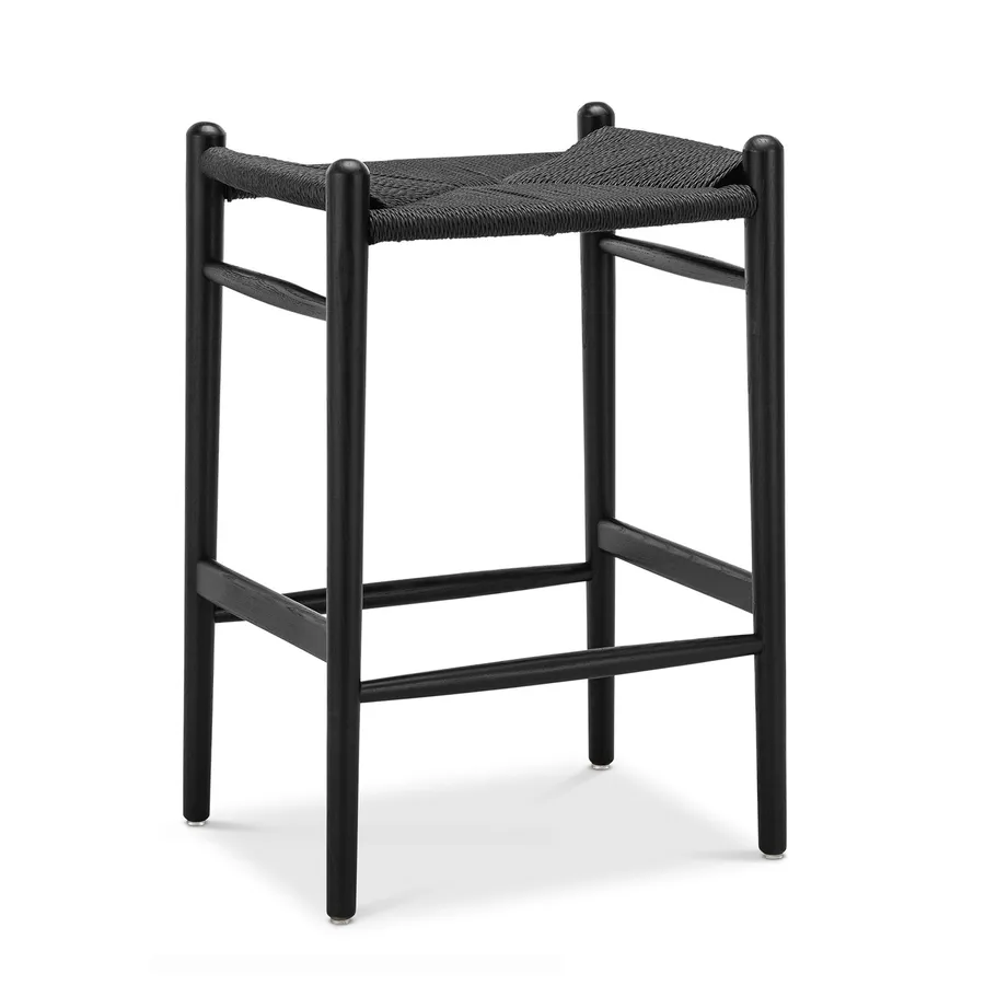 Arche Solid Ashwood Woven Cord Barstool, Black