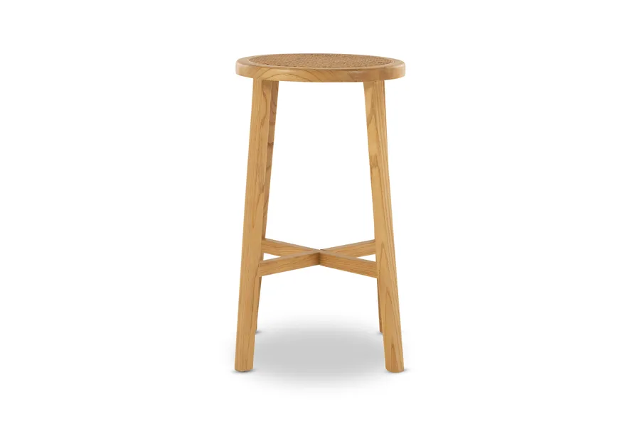 Avalon Bar Stool, Beige Solid Elm Timber Frame Rattan Seat, by Lounge Lovers