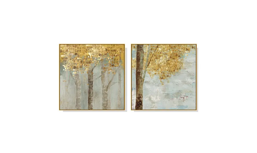 Set of 2 Golden Leaves Wall Art Canvas 3 sizes available 50cm x 50cm
