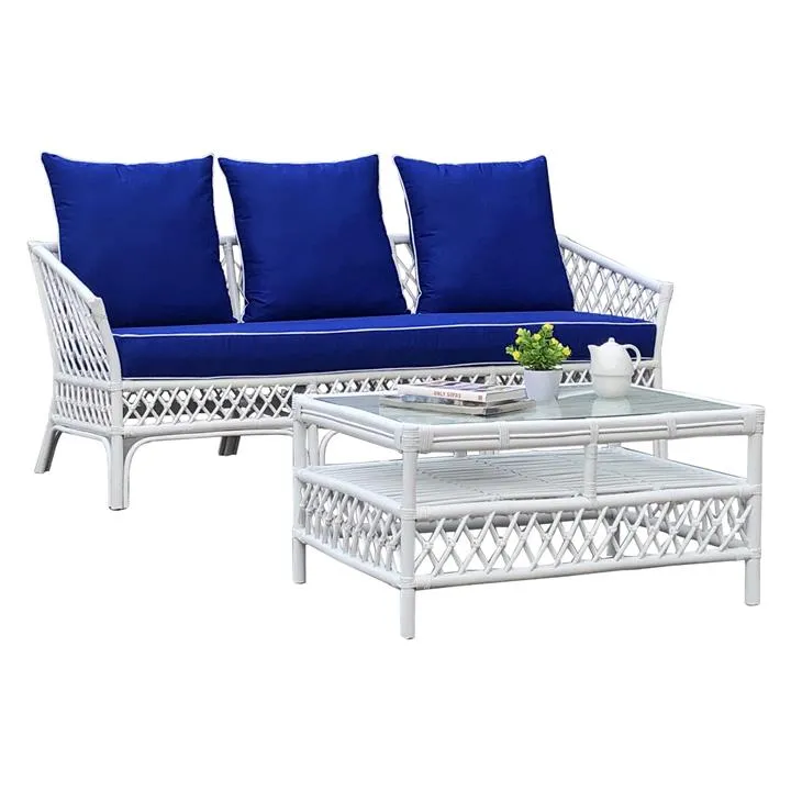 Charlotte Rattan Sofa (Coffee Table Not Incl), 3 Seater, White / Pacific Blue