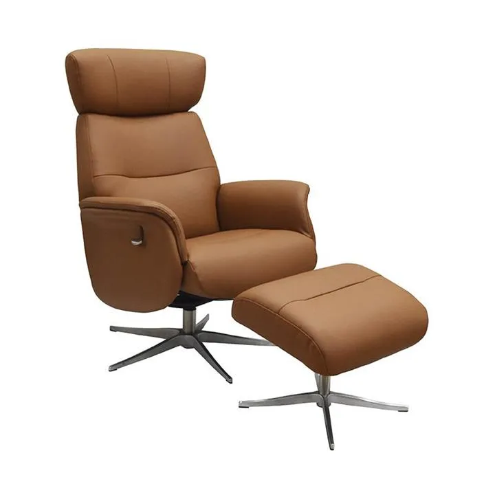 Stanley Leather Swivel Recliner Armchair with Footstool, Camel