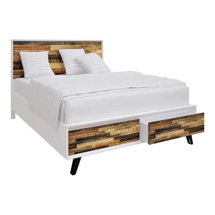 Jigsaw Acacia Timber Platform Bed with End Drawers, Queen, Natural / White