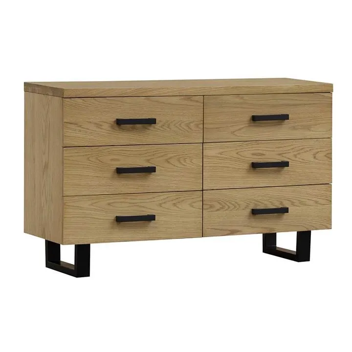 Heston European Oak Timber & Metal 6 Drawer Dresser, Natural