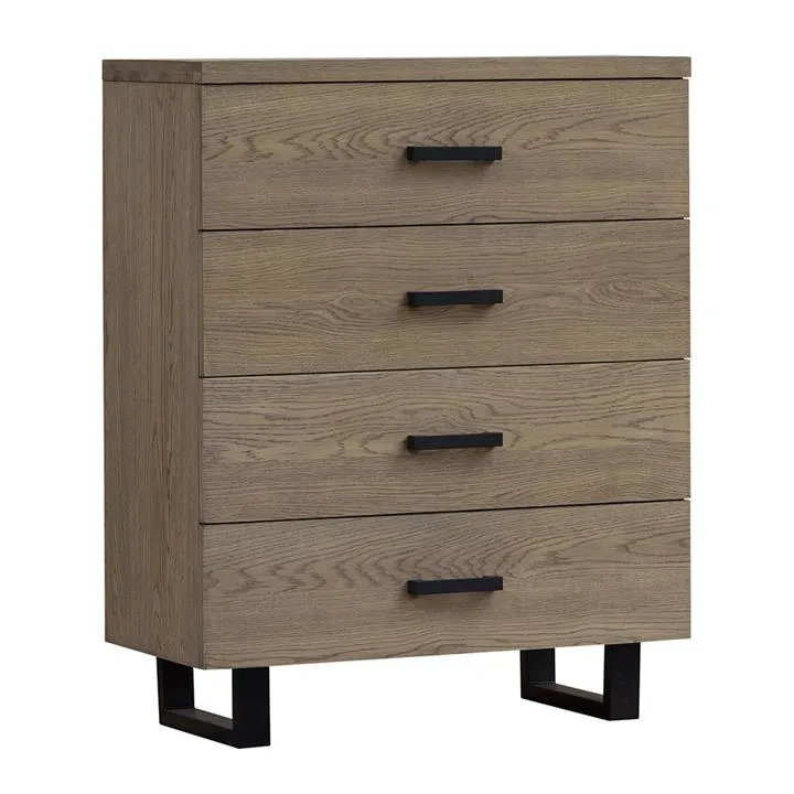 Heston European Oak Timber & Metal 4 Drawer Tallboy, Smoke