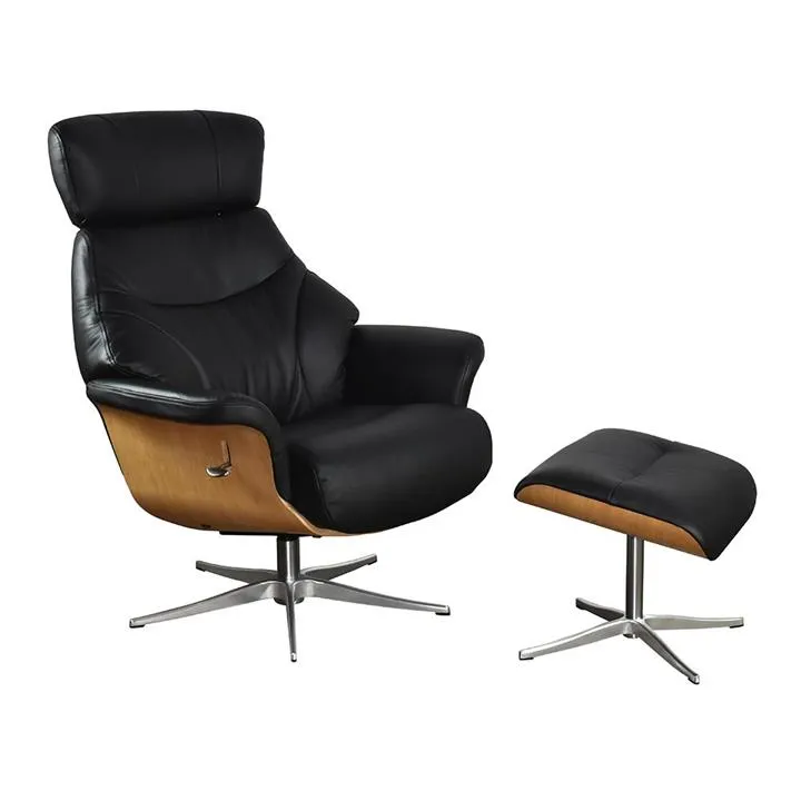 Ares Leather Swivel Manual Recliner Armchair with Footstool, Black