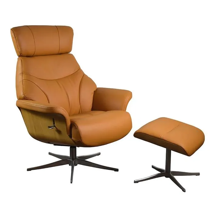 Ares Leather Swivel Manual Recliner Armchair with Footstool, Camel