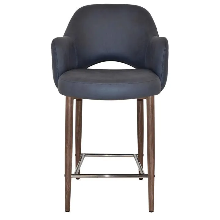 Albury Commercial Grade Pelle / Benito Fabric Counter Stool with Arm, Metal Leg, Navy / Light Walnut
