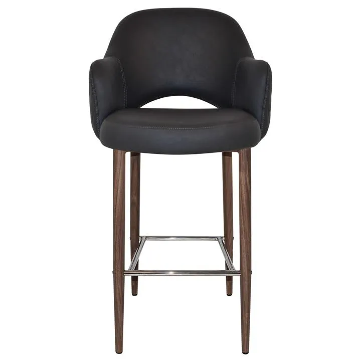 Albury Commercial Grade Pelle / Benito Fabric Bar Stool with Arm, Metal Leg, Onyx / Light Walnut