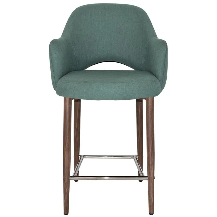 Albury Commercial Grade Gravity Fabric Counter Stool with Arm, Metal Leg, Teal / Light Walnut