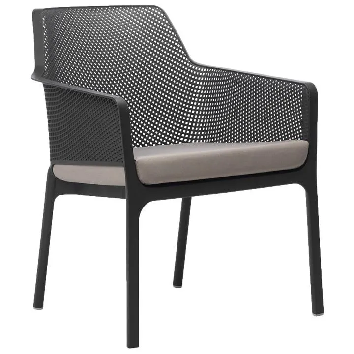 Net Italian Made Commercial Grade Stackable Indoor / Outdoor Lounge Armchair with Seat Pad, Anthracite / Light Grey