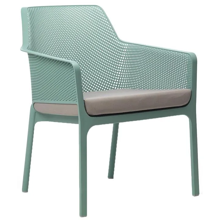Net Italian Made Commercial Grade Stackable Indoor / Outdoor Lounge Armchair with Seat Pad, Mint / Light Grey