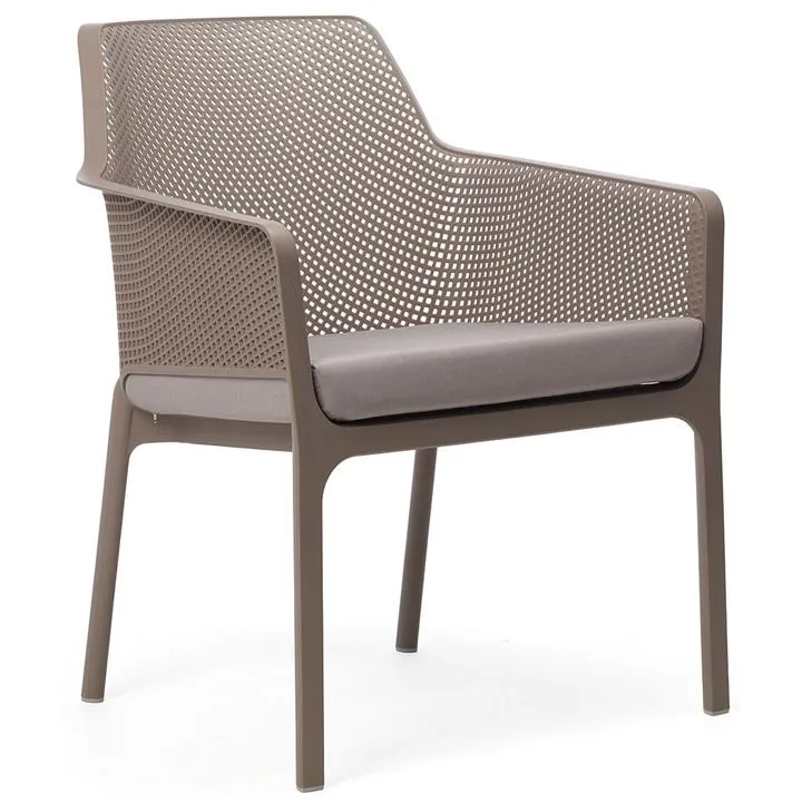 Net Italian Made Commercial Grade Stackable Indoor / Outdoor Lounge Armchair with Seat Pad, Taupe / Light Grey