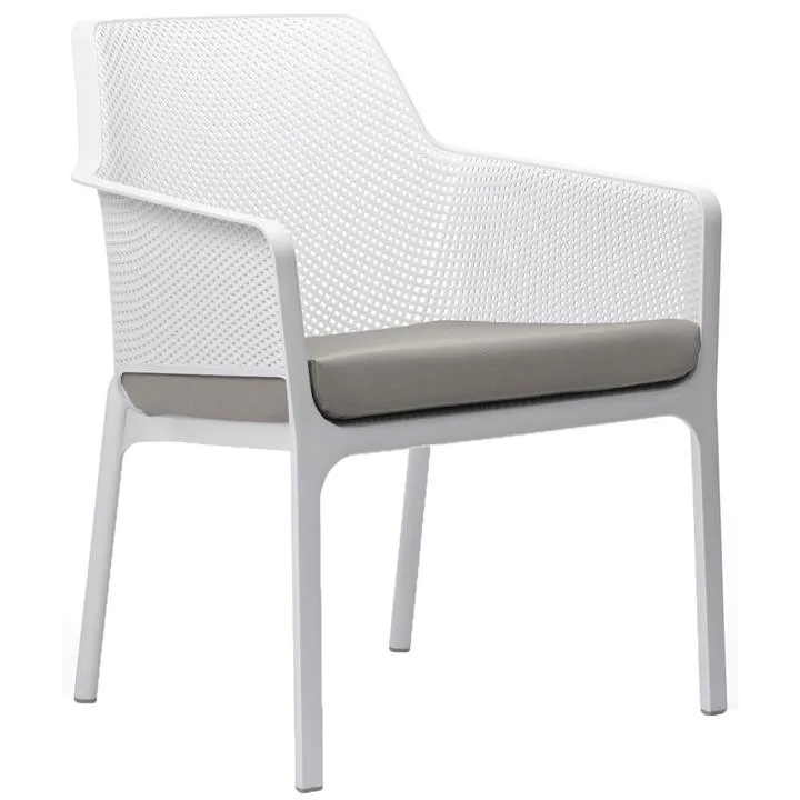 Net Italian Made Commercial Grade Stackable Indoor / Outdoor Lounge Armchair with Seat Pad, White / Light Grey