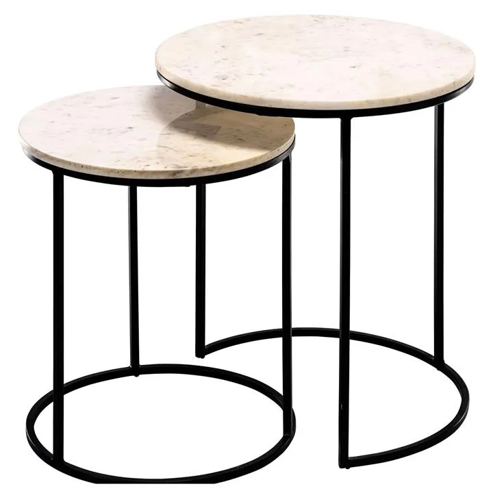 Allons 2 Piece Marble Topped Iron Round Nesting Table Set, White / Black