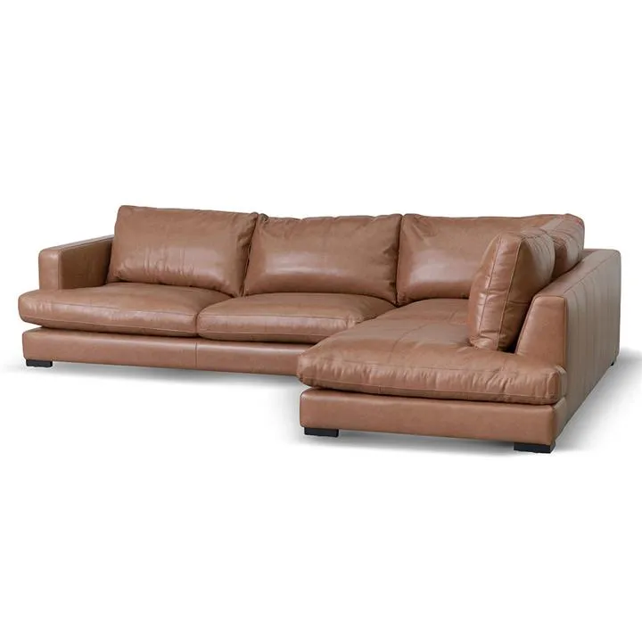Lucinda 4 Seater Right Chaise Leather Sofa - Caramel Brown - Last One by Interior Secrets - AfterPay Available