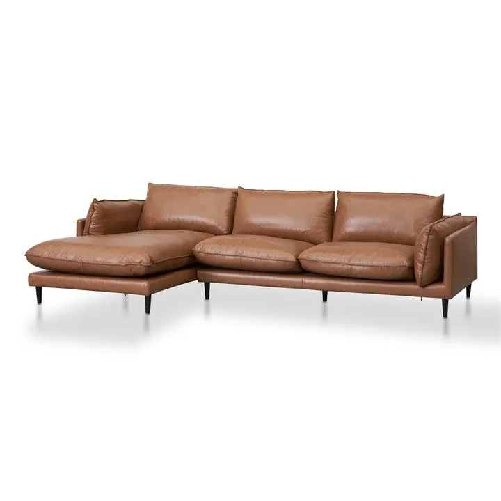 Lucio 4 Seater Left Chaise Leather Sofa - Caramel Brown - Last One by Interior Secrets - AfterPay Available