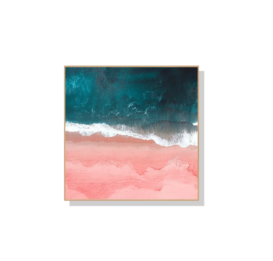 Pink Ocean Beach Wood Frame Wall Art Canvas 4 sizes available 50cm x 50cm