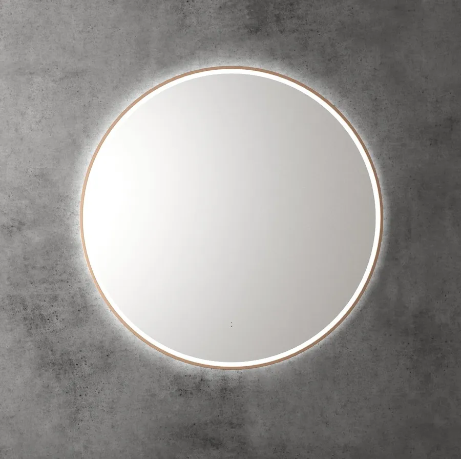 Touchless LED Round Mirror with Brushed Bronze Frame 90cm