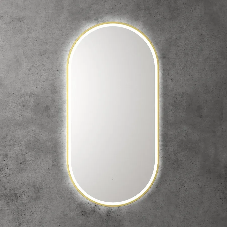 Touchless LED Pill Mirror with Brushed Gold Frame 90cm x 45cm
