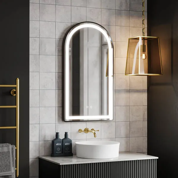 Ingrain Arch Shaped Matte Black Framed Frontlit LED Mirror 500mm by 900mm