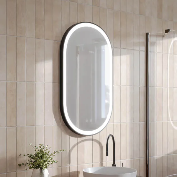 Ingrain Pill Shaped Matte Black Framed Frontlit LED Mirror 500mm by 850mm
