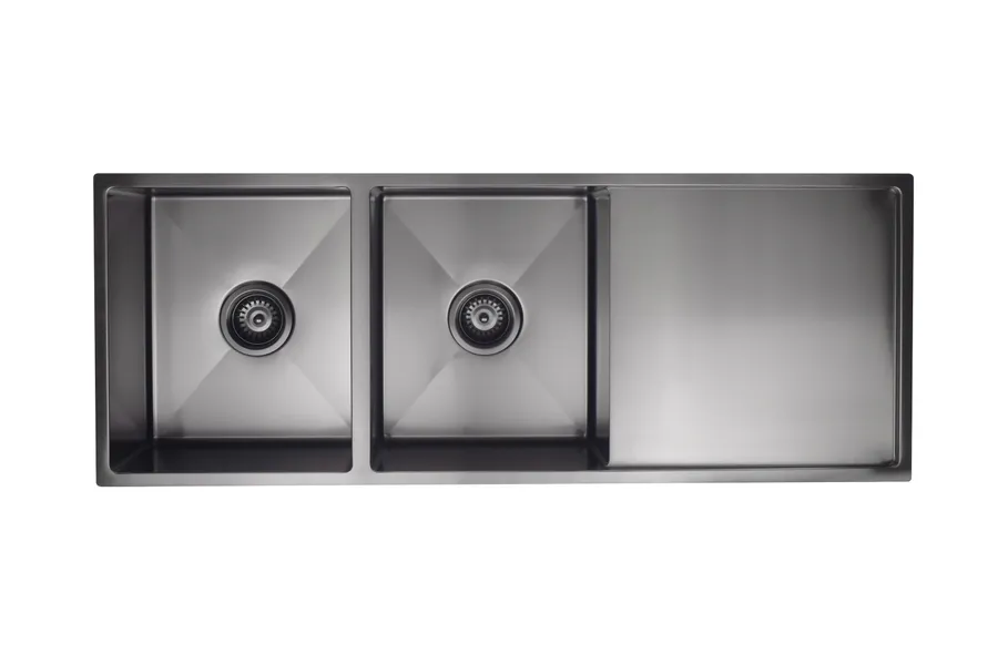 Meir | LAVELLO by MEIR | GUNMETAL BLACK KITCHEN SINK - DOUBLE BOWL & DRAINBOARD 1160 X 440