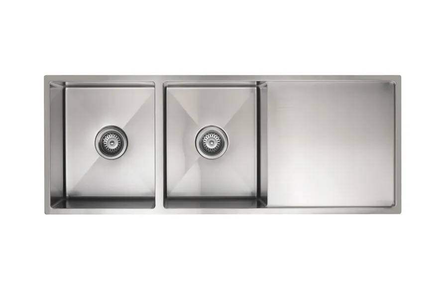 Meir | LAVELLO by MEIR | BRUSHED NICKEL KITCHEN SINK - DOUBLE BOWL & DRAINBOARD 1160 X 440