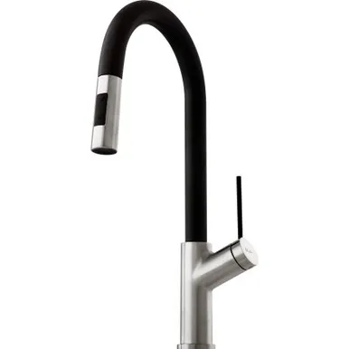 Vilo Sink Mixer With Pull-Out Spray With Black Spout Brushed Satin 4Star | Made From Brass In Chrome Finish/Black By Oliveri