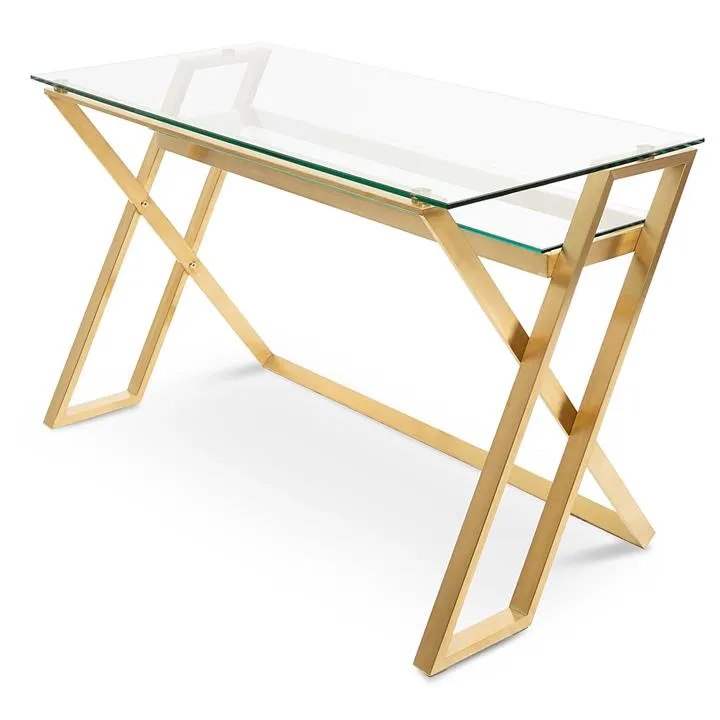 Ex Display - Vanessa 120cm Glass Home Office Desk - Brushed Gold Base by Interior Secrets - AfterPay Available