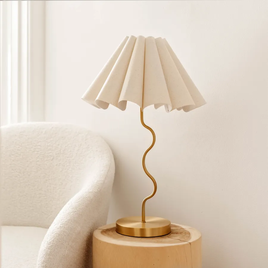 Paola & Joy Cora Pleated Table Lamp with Squiggle Base (E27) Neutral & Gold