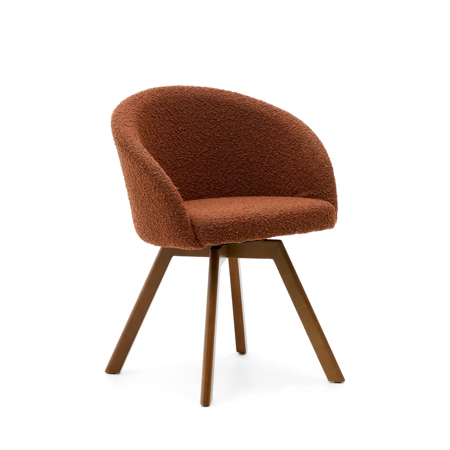 Marvin brown bouclé swivel chair with solid beech wood legs in a walnut finish