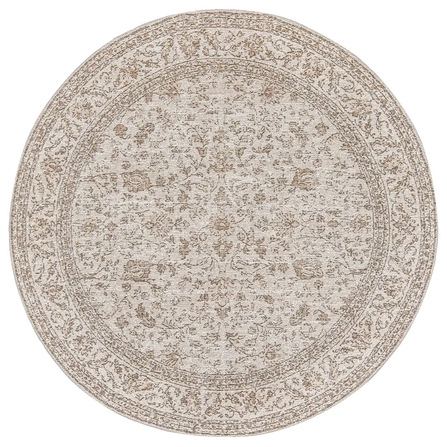 Moselle Beige and Brown Floral Distressed Round Rug