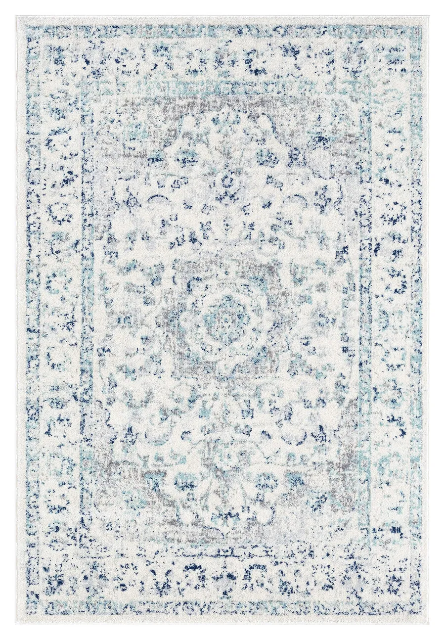 Noor Blue and Ivory Traditional Distressed Rug