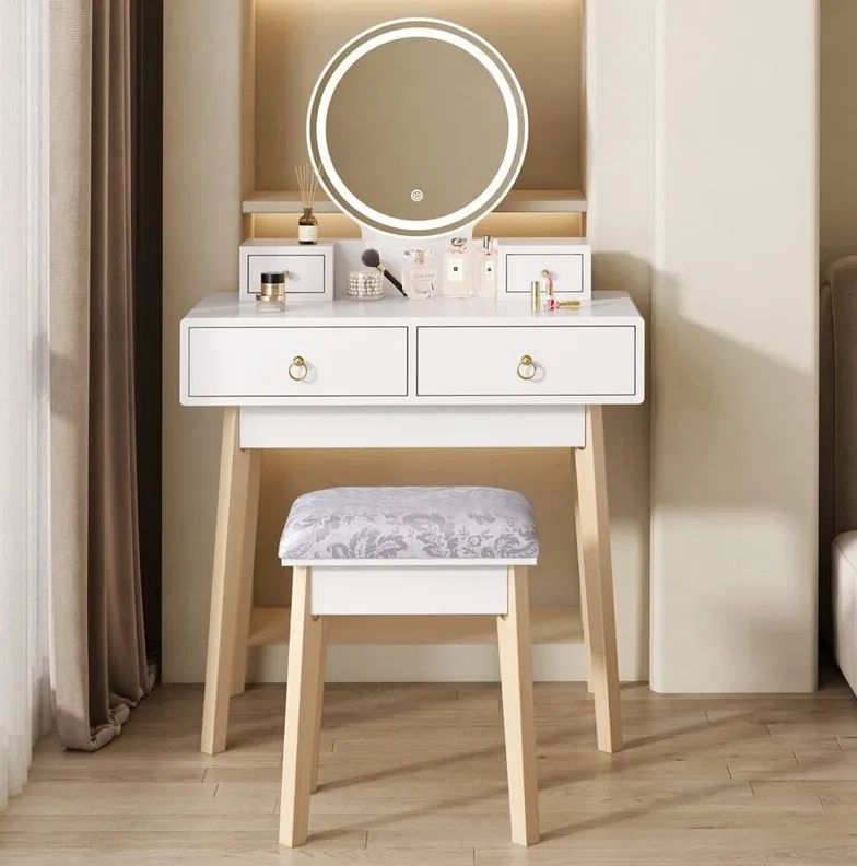 Dressing Table Set with Round LED Makeup Mirror
