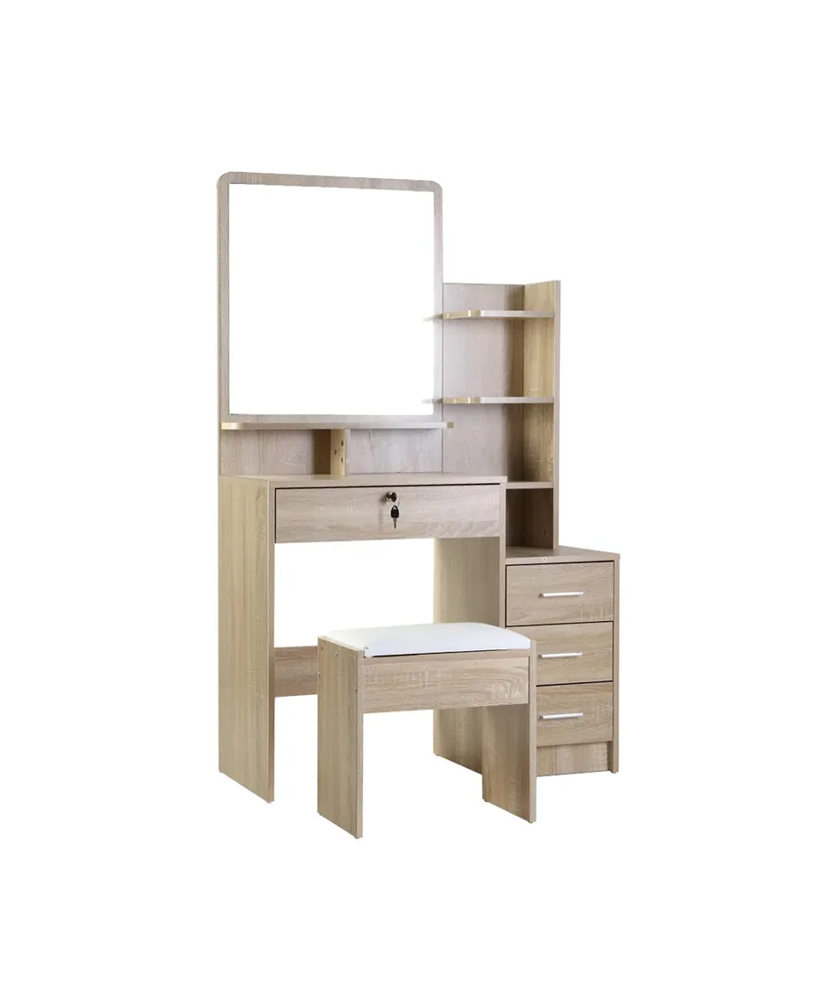 Oak Dressing Table Mirror Stool Set