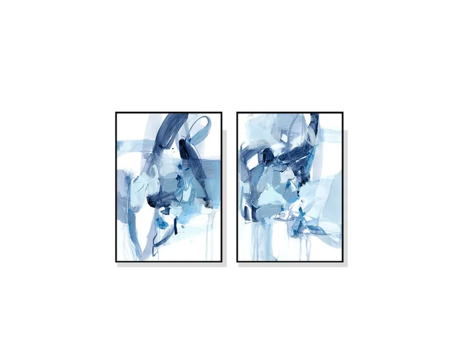 Set of 2 White and Blue Abstract Wall Art Canvas 3 sizes available 70cm x 50cm