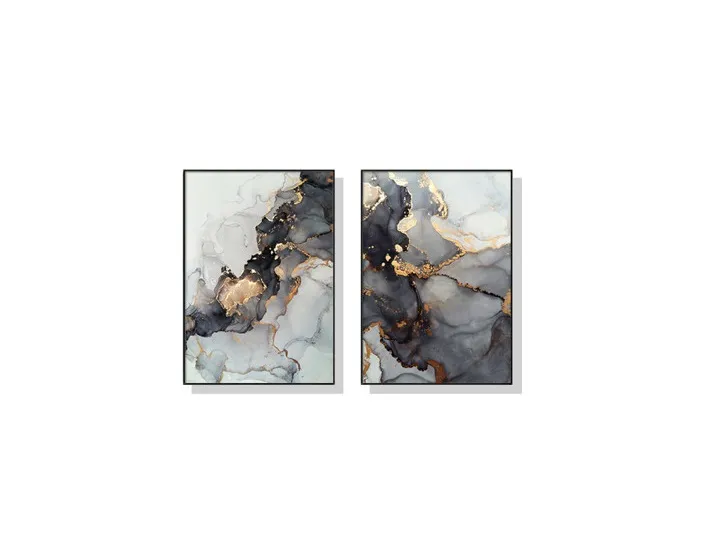 Set of 2 Grey &amp; Gold Marble Abstract Wall Art Canvas 3 sizes available 70cm x 50cm