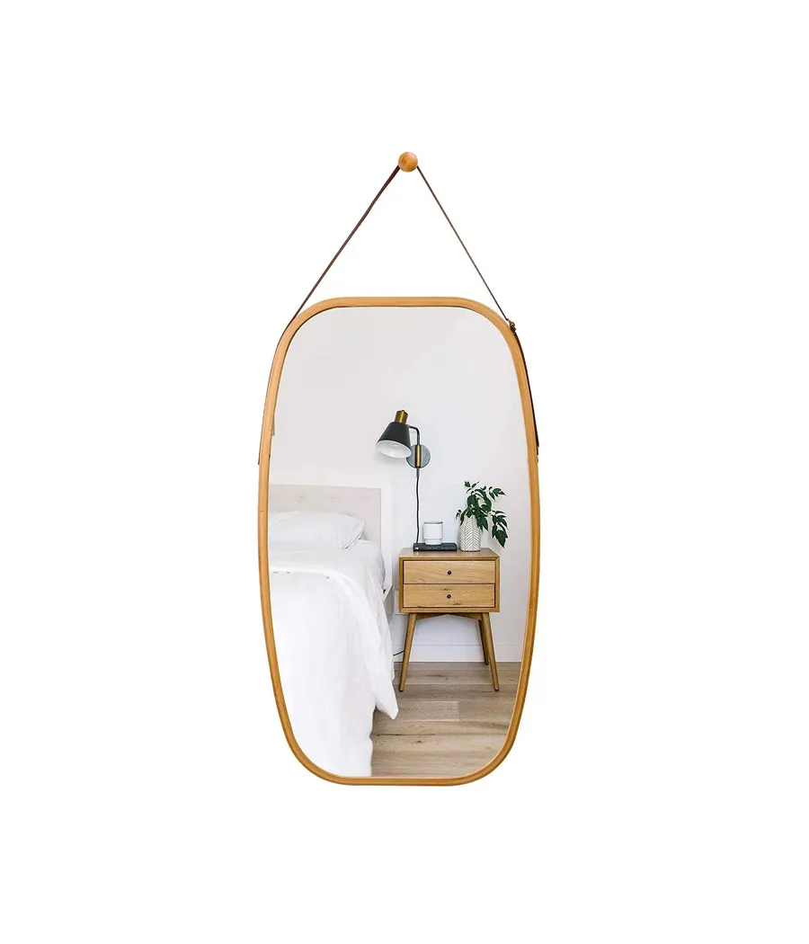 Hanging Bamboo Frame Mirror with Adjustable Strap